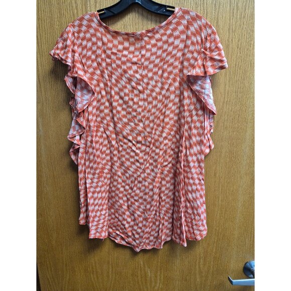 Orange & White Patterned Ruffle Sleeve Top Jade By Jane XL 100% Rayon Lightweigh - Picture 4 of 4